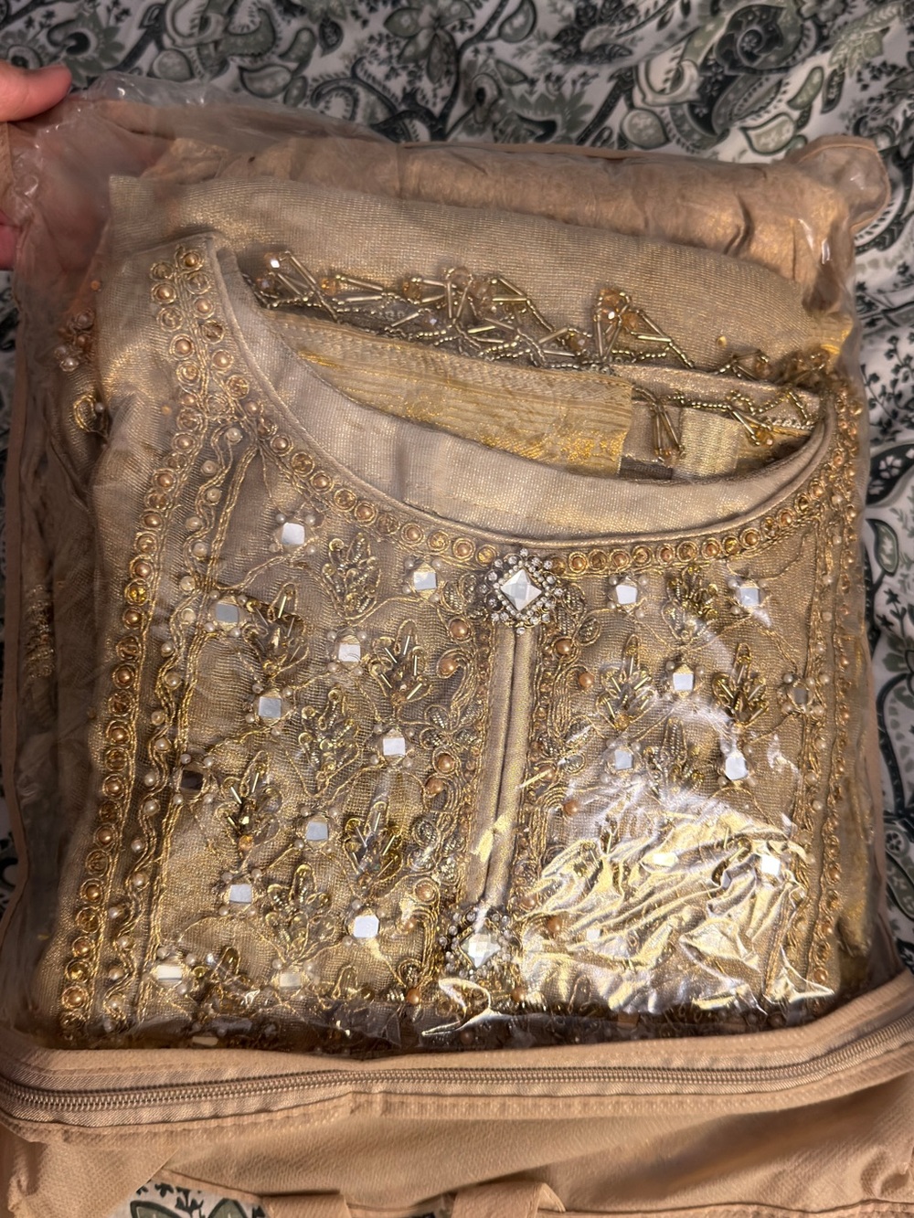 Maalhar Embroidered Gold Women's Sharara suit 3 pcs with Mirror Details- Size L